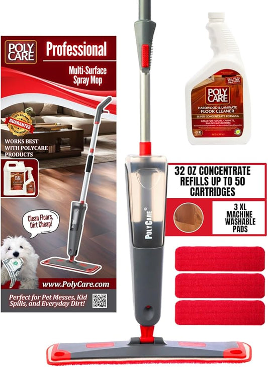 Hardwood Floor Cleaner Concentrate Premium Multi-Surface Spray Mop - Three Machine Washable Microfiber Cleaning Pads - for Hardwood, Stone, Tile, Laminate and Vinyl LVT/LVP Floors