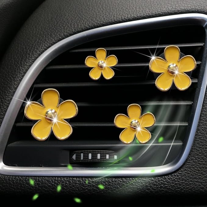 4Pcs Car Accessories Daisy Flowers Car Air Freshener Vent Clips,4 Sizes Cute Car Flowers Car Clips,Girly Women Flowers Car Accessories,Refillable Car Diffuser Air Fresheners Accessories (Yellow)