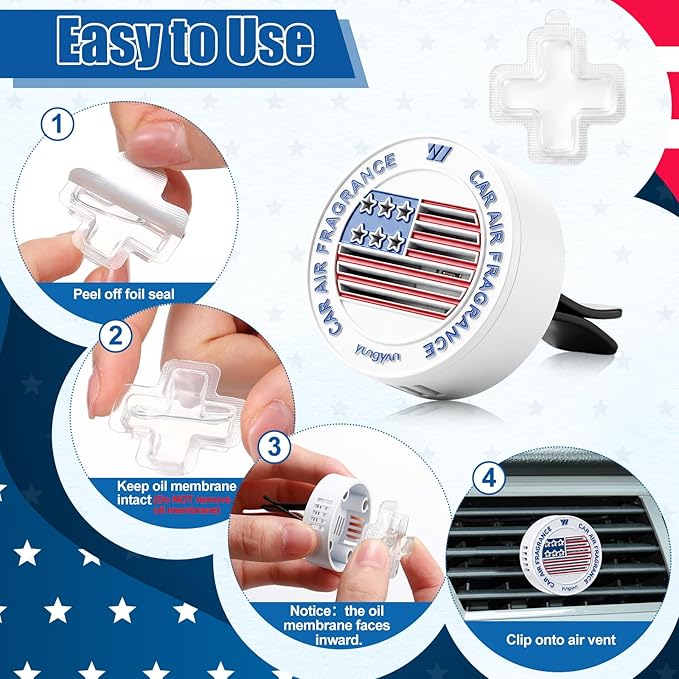 Yungyan Car Air Freshener Vent Clip, American Flag Diffuser Clip for Car, Patriotic Accessories for Memorial Day, Zinc Alloy Aromatherapy Vent Mountfor Vehicle Interior, Ocean Scent