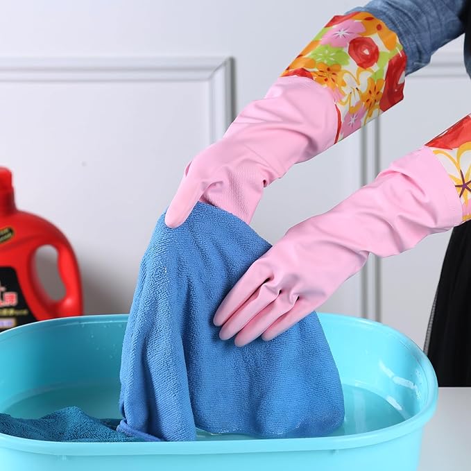 Bamllum 3 Pairs Rubber Cleaning Gloves, Household Kitchen Dishwashing Gloves with Cotton Flocked Liner, Long Cuff 16 Inches, Reusable, Non-Slip (Medium, Blue+Pink+White) (Pack of 2)