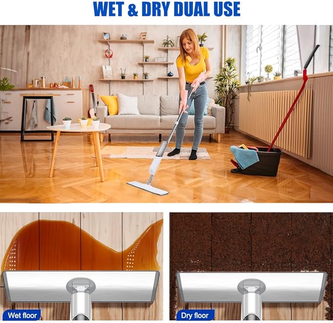 360 Swivel Spray Mop for Floor Cleaning with Refillable Water Tank Microfiber Pads Wet Dry Cleaning for Hardwood Tile Laminate Kitchen Home with Scraper