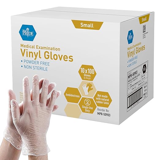 MED PRIDE Medical Vinyl Examination Gloves | Latex and Powder Free | Disposable, Ultra-Strong, Clear (1000, Small (Pack of 1000))