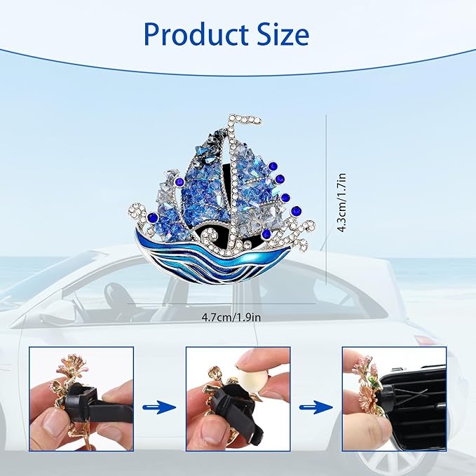 Nautical Car Decor,Coastal Sailboat Car Air Freshener Vent Clip,Cute Crystal Bling Blue Beachy Accessories for Women,Glitter Beach Ocean Themed Decoration Gift