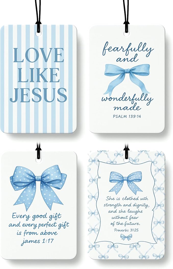 Inspirational Christian Car Air Freshener 4 Pcs, Blue Coquette Bow Religious Hanging Air Freshener for Cars Closet Drawer Books, Girly Christian Car Accessories Mirror Decor for Women