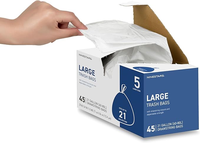 Ninestars Extra Strong White Trash Bags with Drawstring, Multiple Sizes 90 Count, Kitchen Drawstring trash bags 90 Trash Bags (21 gallon 90 ct)