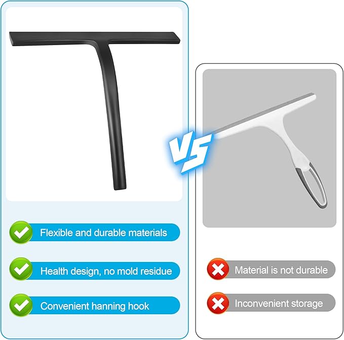 Shower Squeegee for Glass Doors, Mirror Window Tile Scrubber Cleaner with Hook Silicone (Black)