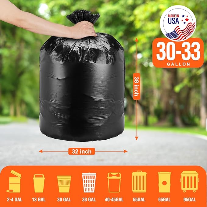 Delxo 30-33 Gallon Trash Bags, 2000 Count – 0.6 Mil Medium Duty Garbage Bags, Durable Plastic Bolsas para basura, Perforated Design– Made in USA for Kitchen, Yard, Office (Black)