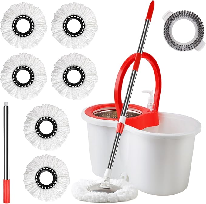 Spin Mop and Bucket with Wringer Set, 360°Spinning Mop Bucket System with Floor Scrub Brush 6 Microfiber Mop and Adjustable Long Handle for Floor Cleaning Dry and Wet Use