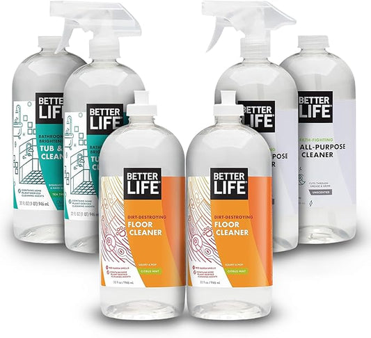 Better Life Floor Cleaner 32 Oz 2 Pack + All Purpose Cleaner Unscented 32 Oz Pack of 2 + Tub & Tile Cleaner 32 Oz 2 Pack