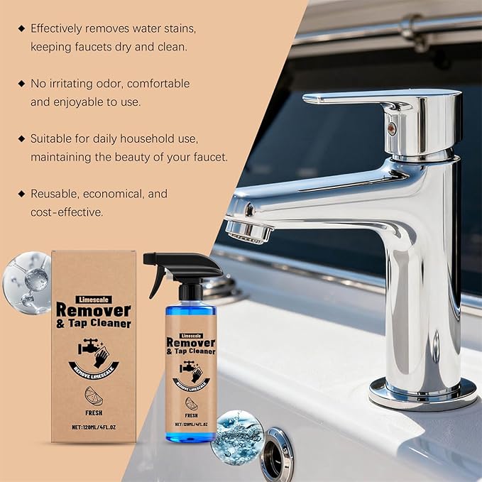 Limescale Remover & Tap Cleaner, Hard Water Stain Cleaner - Powerful Stain Remover for Faucets, Showerheads, Sinks, Stainless Steel Surfaces for Bathroom & Kitchen (2)