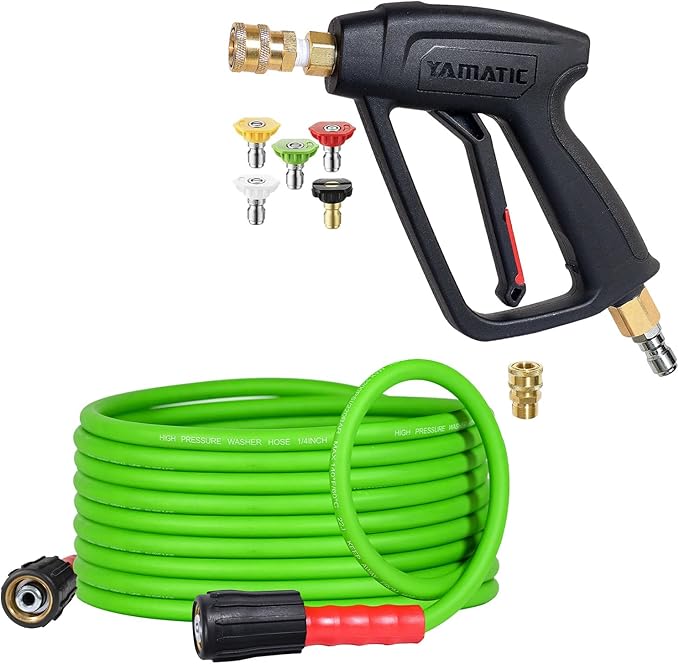 YAMATIC Short Pressure Washer Gun and Hose, 25 FT Flexible Hose with Stubby Power Washer Trigger Handle, 3/8" Swivel Quick Connect & M22-14mm Adapter Replacement for Ryobi Simpson Craftsman (Green)