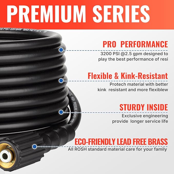 YAMATIC Pressure Washer Hose 25FT x 1/4", 3200 PSI Kink Resistant OEM-Quality Upgrade Power Washer Replacement with M22-14mm Brass Fittings for Ryobi, Troy Bilt, Greenworks, Craftsman