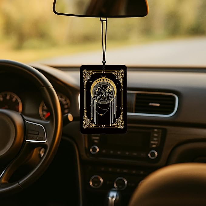 Boho Witchy Tarot Card Car Air Freshener 4 Pcs, Mystical Abstract Black and Gold Celestial Air Freshener Hanging for Cars Books Closet Drawer, Witchy Car Accessories for Women Men