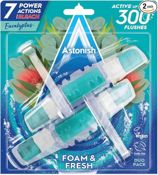 Astonish Foam & Fresh Fresh Eucalyptus Scented Toilet Blocks with Bleach - Powerful Odor Control Cleaning Formula Prevents Hard Water Stain Build Up – 2 Blocks, Freshness Up to 300 Flushes per Block