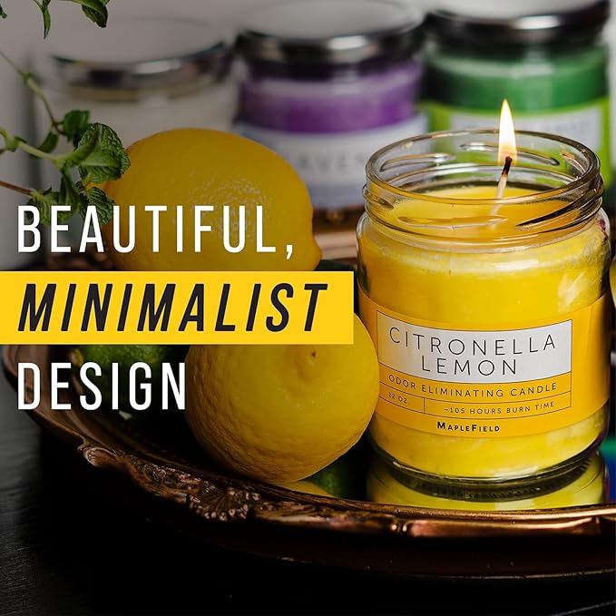 Maplefield Citronella Smoke Eliminator Scented Candle - Cooking & Kitchen Odor Neutralizer - Pet Odor Eliminator Home Freshener - Car Air Freshener & Room Deodorizer - 1 Oz, Yellow