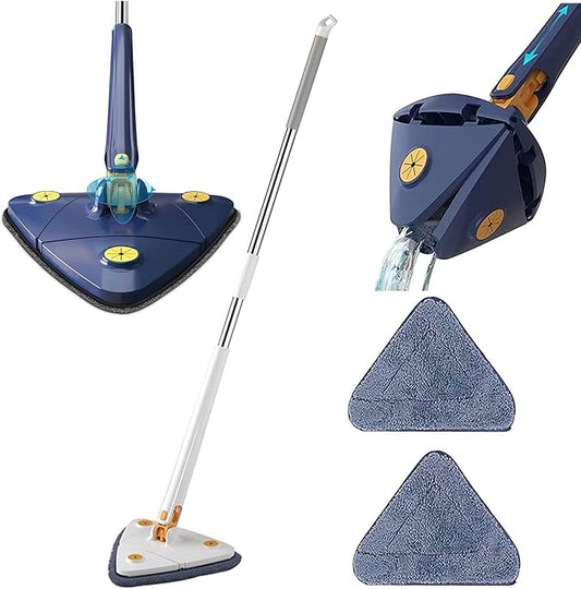 360° Rotatable Adjustable Cleaning Mop - Extendable Triangle Wall Cleaning Mop, Imitation Hand Twist Quick Dry Mop, Long Handle Microfiber Spin Mop Head Replacement for Ceiling, Wall (White w/ 2 Mops)