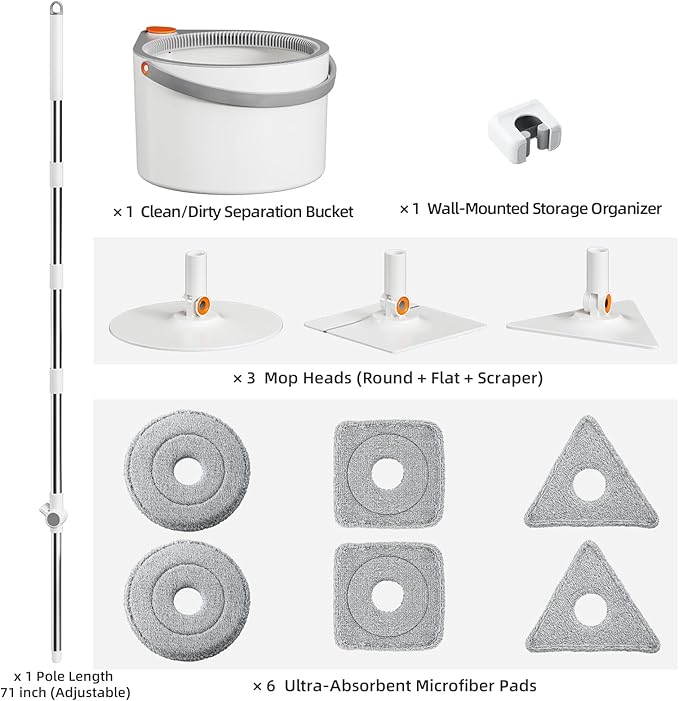 3-in-1 Precision Spin Mop & Bucket System, 71” Extra-Long Handle, Clean-Water Separation, 3 Specialized Heads for Baseboards & Corners, Compact for Hardwood & Micro-Porous Floors