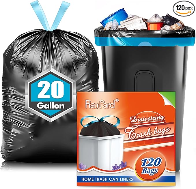 20 Gallon Large Drawstring Trash Bags 120 Counts, Fit 20-21 Gal Trash Can, Heavy Duty Tall Kitchen Garbage Liners, Large Trash Bags Size Chart for Home/Office, Outdoor Lawn & Leaf Bags, Black