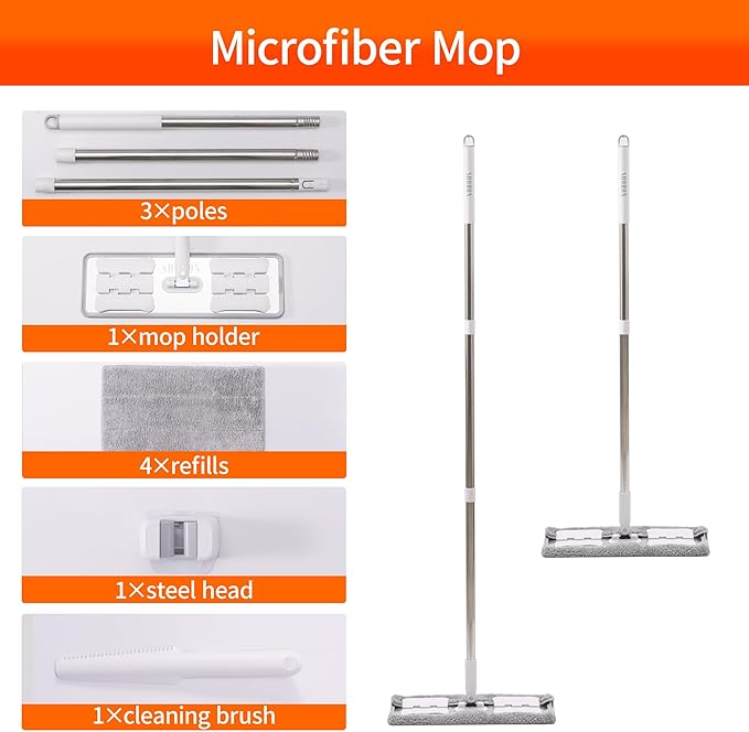 Premium 360° Microfiber Wet Mop for Floor Cleaning; 4 Heavy Duty Reusable Microfiber Pads; Adjustable Height and Sturdy Steel Hardware; Vinyl, Tile, Laminate and Hardwood Floor Mop Cleaner