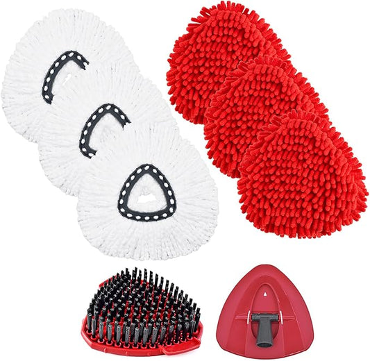 Mop Heads for O Cedar RinseClean 2 Tank Spin Mop System, 3 Microfiber Head Refills and 3 Chenille Pads,1 Scrub Brush, and 1 Base