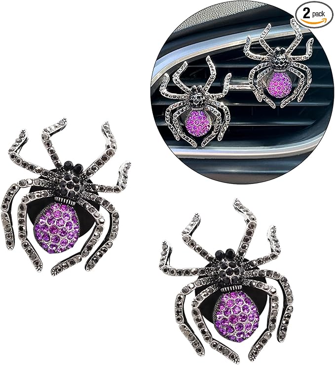 Spider Car Decor,2pcs Purple Black Spider Air Vent Clips Car Fresheners,Bling Goth Horror Decorations Accessories,Refillable Essential Oil Diffuser