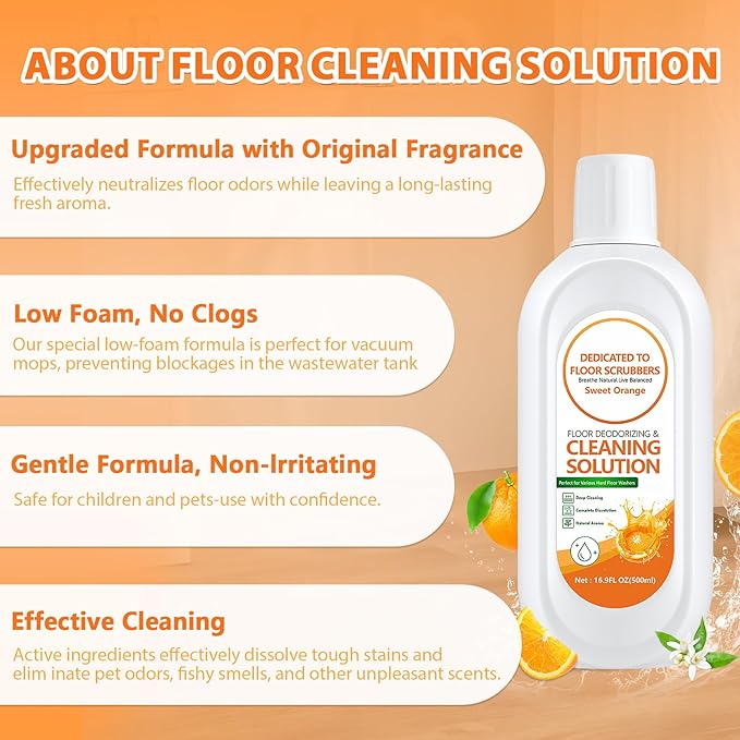 Floor Cleaning Solution Compatible with Tineco iFLOOR 2/3/5 & FLOOR ONE S3/S5/S6/S7 PRO, Low Foam Floor Cleaner for All Cordless Wet/Dry Vacuum & Robot Vacuums Mop (2 Bottle, Sweet Orange)