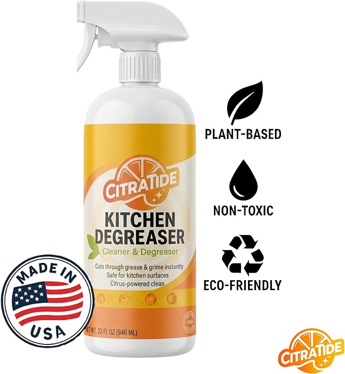 Kitchen Degreaser Spray – Heavy Duty Plant-Based Citrus Cleaner for Countertops, Stovetops & Appliances – Non-Toxic, USA Made Value Pack (2 Bottles) + FREE Odor-Resistant Scrub Towel