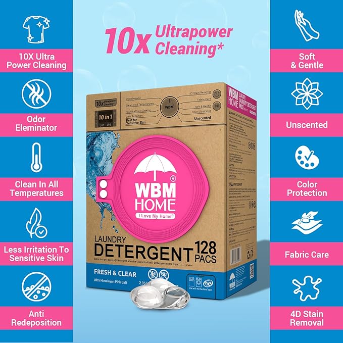 WBM Laundry Detergent Pods, 128 Count | Fresh & Clear Unscented | Laundry Pods 10x Ultrapower Cleaning With Color Protection and Eco-Friendly Packaging