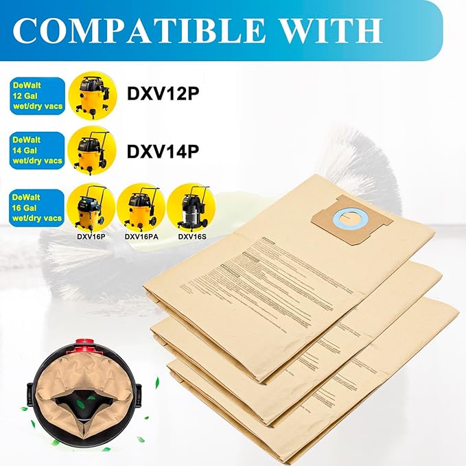 12 Pack DXVA19-4102 Dust Bags for DEWALT 12-16 Gallon Wet Dry Vacuum, Compatible with DXV12P DXV14P DXV16P DXV16PA DXV16S