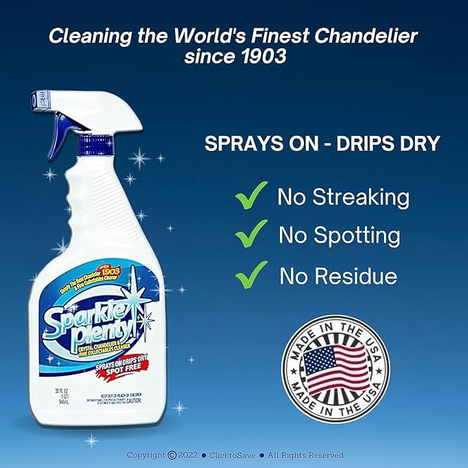 Sparkle Plenty Chandelier Cleaner Drip Dry Spray No Wipe -Dust Remover & Streak Free Glass Cleaner Spray for Crystal Chandelier & Window Screen -Versatile Household Cleaning Supplies (32 oz, 1 Gallon)