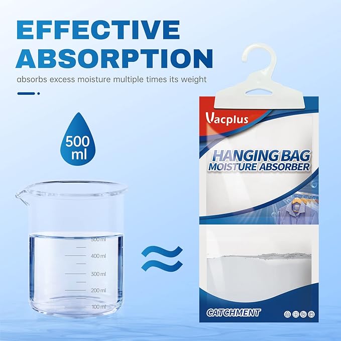 Vacplus Moisture Absorbers 30 Pack, Fragrance Free Hanging Humidity Packs with Sturdy Hook, Effective Closet Dehumidifier for Bathroom, Laundry Room, Basement, 9.8Oz