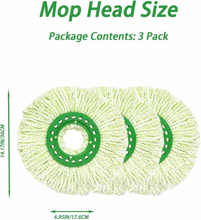 3PCS Mop Head Replacement for Libman Tornado Spin Mop, Machine Washable Microfiber Mop Refill Head Replace, Green