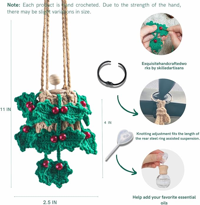 Handmade Crochet Car Air Freshener - Crochet hanging holly plants with 12ml Empty Refillable Oil Diffuser Bottle, Green Car Accessory for Mirror Decor and Home Decor