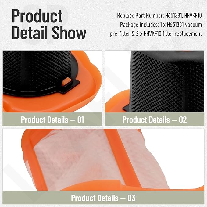 N651381 Vacuum Pre-Filter & HHVKF10 Filter Replacement for Black & D-ecker HHVK515BPF07 HHVK515JP07 HHVK515J00 HHVK320J61 HHVK415B01 HHVK320JZ01 Handheld Vacuum Filter Models, Washable HHVKF10
