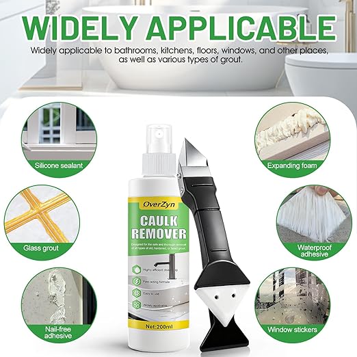 Caulk Remover, Silicone Remover with Caulk Removal Tool Powerful Penetration Rapid Decomposition Surface Safety Widely Applicable for Bathroom Kitchen Floor Window, 6.76 Oz