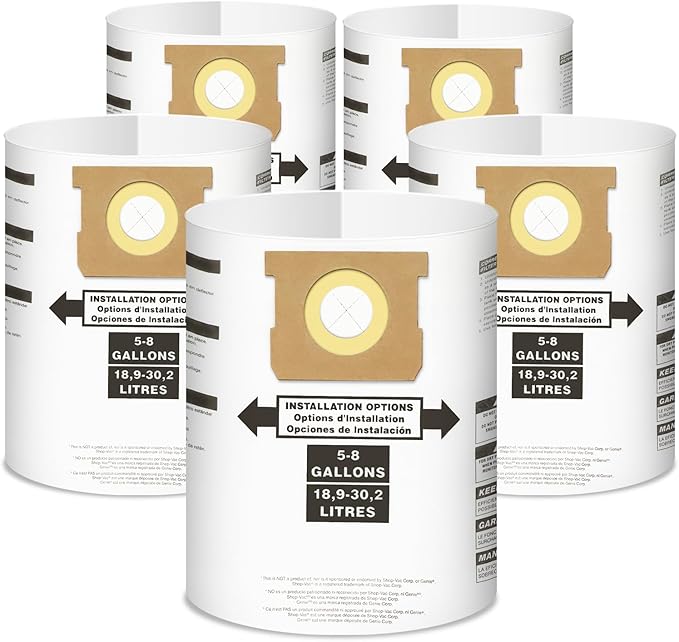 5 Pack Replacement for Shop Vac Bags 5-8 Gallon，Type E 90661 9066133, Type H 90671 9067133, VF2004, VHBS, VDBS, PETOX High-Efficiency Disposable Vaccum Collection Filter Bags