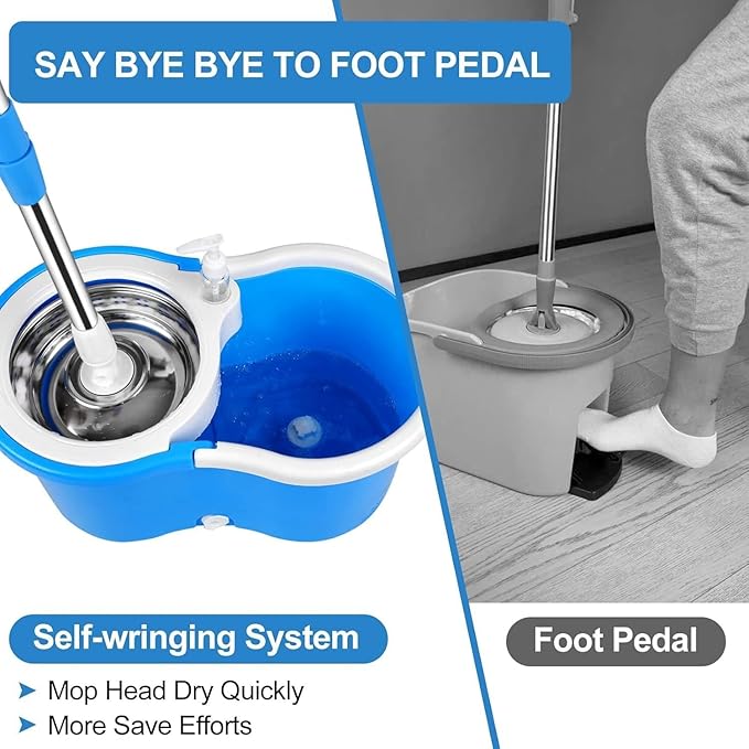 360° Spin Mop and Bucket System with Wringer - 61" Stainless Steel Handle & 3 Microfiber Refills, Self-Cleaning Floor Mop for Tile, Hardwood, Laminate Floors (Blue and White)