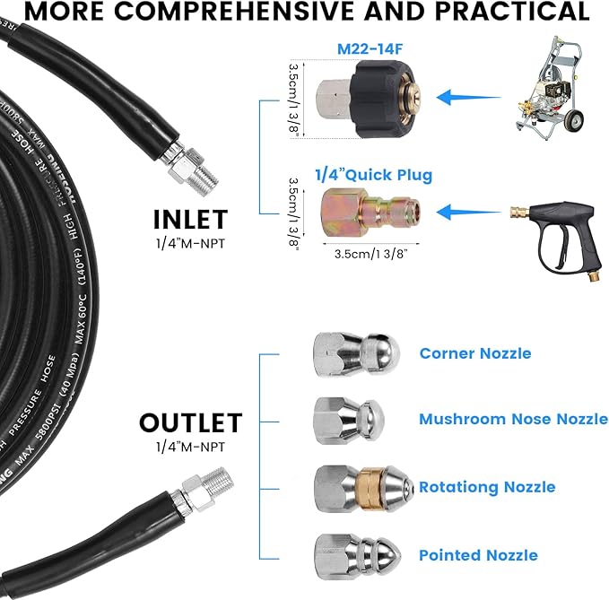 50FT Sewer Jetter Kit for Pressure Washer, 5800 PSI Water Jet Drain Cleaner Hose With Corner Rotating Button Nose Nozzle, 1/4 Inch NPT, Spanner Handle and Strap