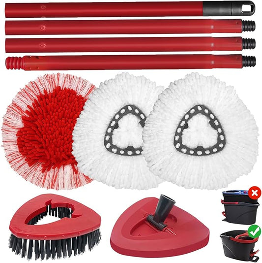 6 Pack Spin Mop Accessories Replacement for Vileda/o-ceda, 2 Microfiber Spin Mop Heads,1 Built-in Strong Friction Microfiber Chenille,1 Adjustable Handle,1 Base, 1 Brush