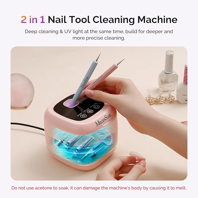 MelodySusie 2 in 1 Nail Tool Cleaning Machine, 3 Timers Mode for Nail Drill Bits, Nail Art Brush, Nail Clipper, Jewelry Cleaning, Salon & Home Use, Pink,DL-160