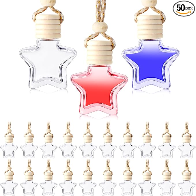 BBTO 50 Pcs Hanging Car Air Freshener Car Diffuser Bottles Empty Glass Perfume Bottle Freshener Diffuser Bottle Pendant for Essential Oil Fragrance Aromatherapy Ornament(Star)