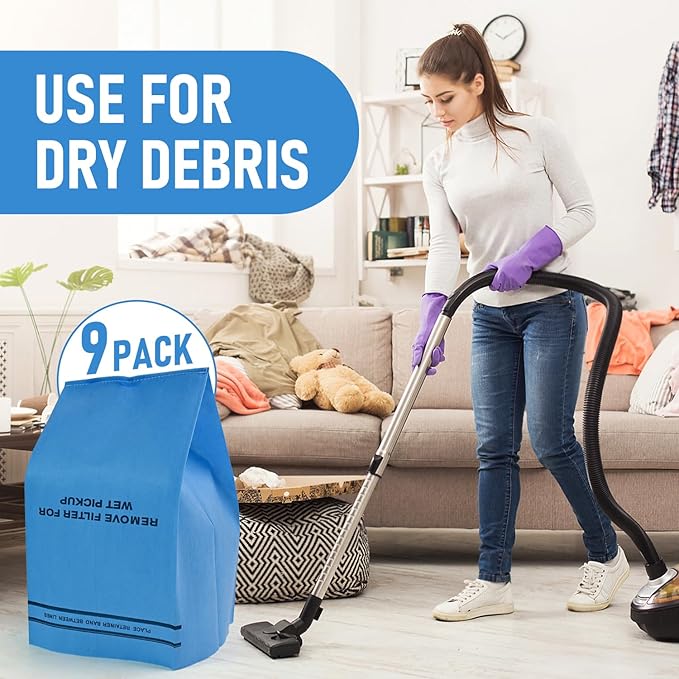 9 Pack 38737 Dust Filter Bags Replacement for Stinger Wet Dry Vac and Bucket Head Vacuum, Fits Craftsman 2-2.5 Gallon Vacuums, Includes 3 Retaining Bands, Part# 9-38737/Cmxzvbe38737