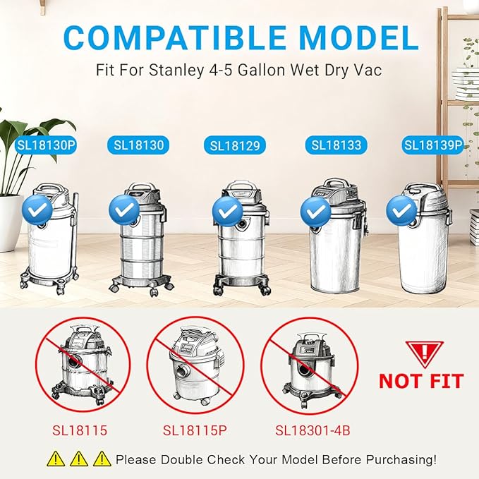 6-Pack 25-1230 Disposable Filter Bags Replacement for Stanley 4-5 Gallon Wet/Dry Vacuums SL18129, SL18130, SL18130P