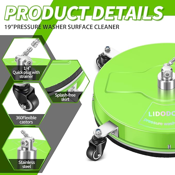 19'' Pressure Washer Surface Cleaner with 4 Wheels - Stainless Steel Surface Cleaner for Pressure Washer Attachment for Concrete, Driveway, Patio, Sidewalk, Deck and Driveways (19 INCH GREEN)