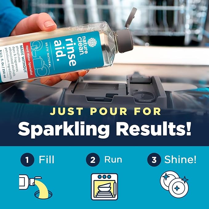 Nature Clean Dishwasher Rinse Aid Liquid, Non Toxic Natural Formula, Spot Free Shine for Glasses & Dishes, Hard Water Stain Remover, Dishwasher Drying Agent, 8 oz/250 ml Pack of 4