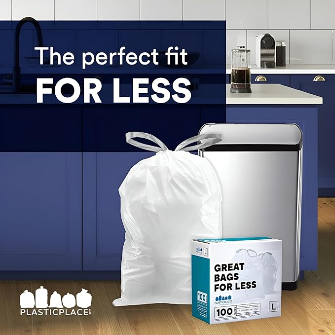 Plasticplace Custom Fit Trash Bags, Compatible with Simplehuman Code L (100 Count) White Drawstring Garbage Liners 4.8 Gallon / 18 Liters, 16.75" x 24.5"