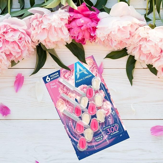 Astonish Foam & Fresh Pink Peony Scented Toilet Blocks - Powerful Odor Control Cleaning Formula Prevents Hard Water Stain Build Up – 2 Blocks, Lasting Freshness For Up to 300 Flushes per Block