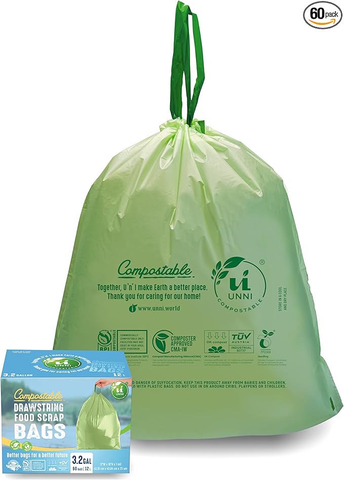 UNNI Compostable Drawstring Bags, 2.6-3.2 Gallon, 10-12 Liter, 60 Count, Heavy Duty 1 Mil, Small Food Scrap Waste Bags with Drawstring Handle, ASTM D6400, US BPI, CMA & Europe OK Compost Certified