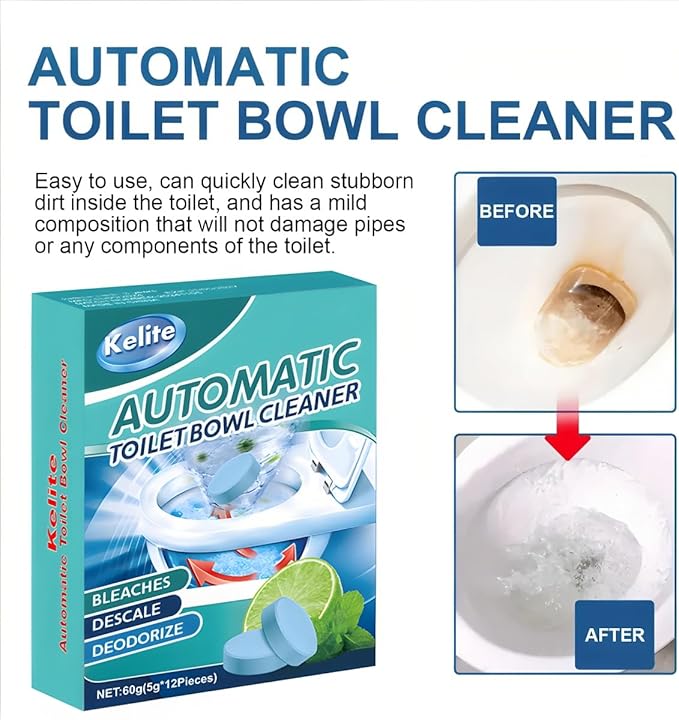 Automatic Toilet Bowl Cleaner Tablets White Toilet Tank Cleaners, Septic-Safe Hard Water Ring Stain Remover, Smell Eliminator Heavy Duty Toilet Cleaning & Deodorizer, Fresh Scent - 12 PACK