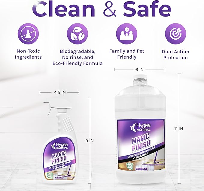 Hygea Natural Magic Finish Enzyme-Based Floor Cleaner - Clean Formula - Removes Grease Buildup in Tile & Grout - for All Hard Floors (Ready to Use 24oz + Concentrated Gallon)